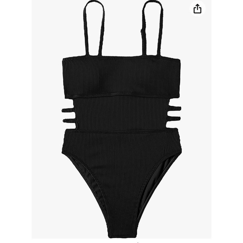 Hilinker Womens XL Swimsuit One Piece Black Ribbed Strappy Cut Out High Brief